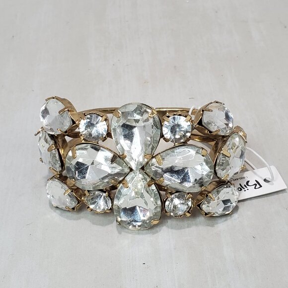Bijou gold tone hinged bangle bracelet with faceted art glass jewel cluster - Picture 2 of 7